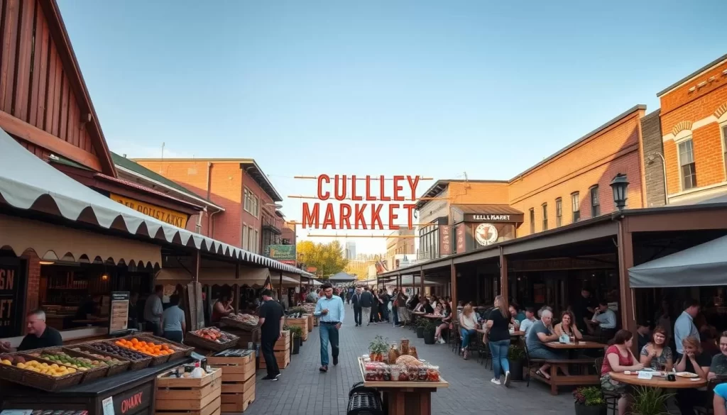 A bustling culinary scene in Omaha, Nebraska on a pleasantly sunny day. In the foreground, a vibrant farmer's market with local producers showcasing their fresh produce, artisanal breads, and handcrafted goods. Wooden stalls and canvas awnings create a warm, rustic ambiance. The middle ground features trendy restaurants and cafes, their patios filled with diners savoring craft cocktails and farm-to-table cuisine. In the background, the iconic Old Market district with its brick buildings, cobblestone streets, and lively pedestrian traffic. The scene is bathed in soft, golden light, conveying a sense of community, culinary abundance, and Midwestern hospitality.