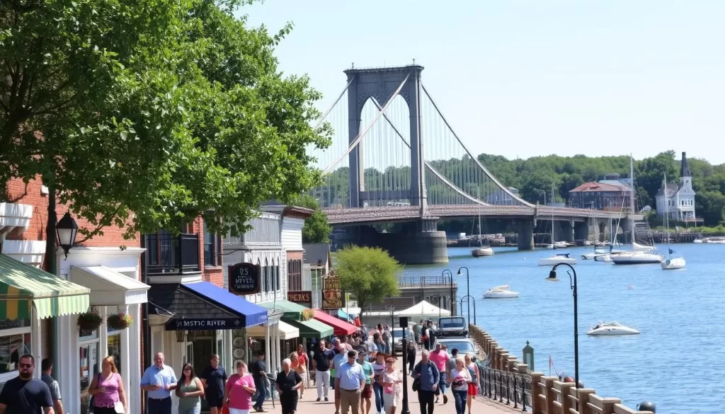 A bustling downtown Mystic scene on a sunny day. In the foreground, charming historic buildings line the streets, their quaint facades and colorful awnings inviting visitors. People stroll along the sidewalks, browsing boutique storefronts and local artisan shops. In the middle ground, the iconic Mystic River Bridge stands tall, its stone arches and wooden railings reflecting in the calm waters below. Sailboats and kayaks dot the river, adding to the scenic waterfront atmosphere. In the background, lush trees and greenery frame the view, creating a peaceful, picturesque setting for this quintessential New England town.