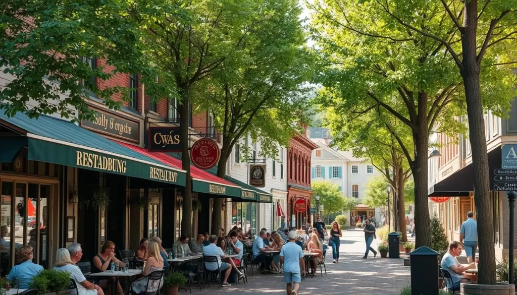 A bustling downtown area with a row of charming restaurants, their facades adorned with inviting signage and outdoor dining. Patrons leisurely enjoy al fresco meals and drinks, basking in the warm afternoon sunlight filtered through lush trees lining the street. In the background, historical buildings and quaint shops create a picturesque small-town ambiance. The scene is captured with a wide-angle lens, showcasing the vibrant energy and local character of Stroudsburg's dining scene.