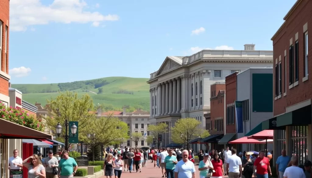 A bustling downtown in Lexington, Kentucky on a sunny spring day. In the foreground, people stroll along the lively sidewalks, enjoying the vibrant local shops and restaurants. In the middle ground, the iconic limestone buildings of the University of Kentucky campus stand tall, their classical architecture gleaming in the warm light. In the background, rolling green hills stretch out, hinting at the scenic countryside beyond. The scene captures the energetic cultural spirit of Kentucky, with a touch of Southern charm and historical significance.