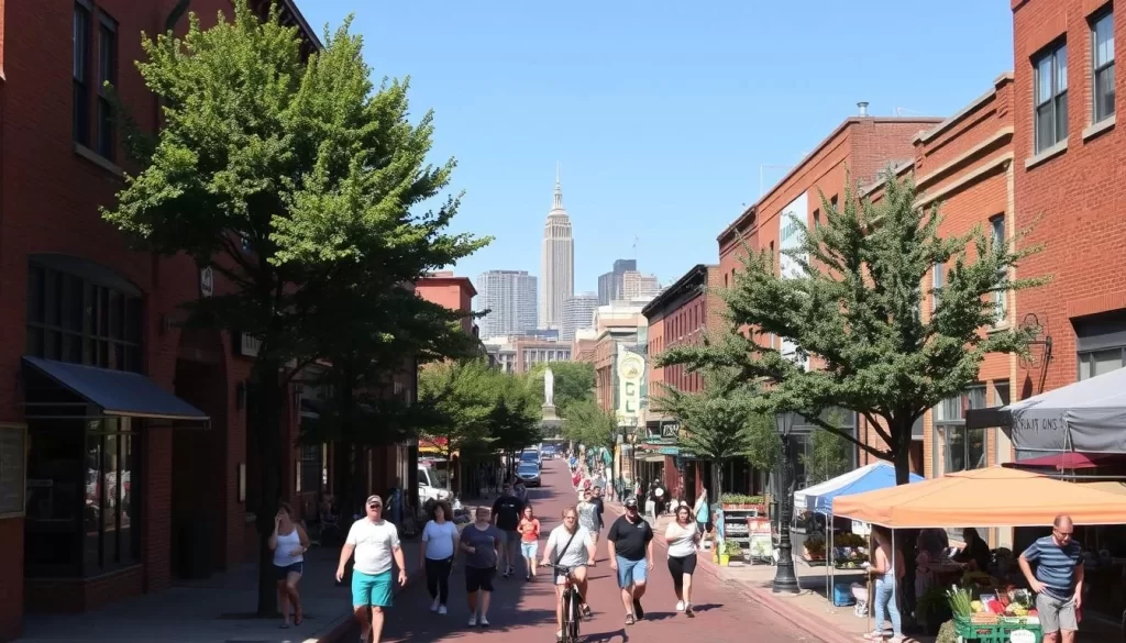 A bustling downtown scene in Manhattan, Kansas on a sun-dappled afternoon. Quaint brick buildings line the streets, their facades adorned with charming storefronts and local businesses. In the foreground, pedestrians stroll along the sidewalks, taking in the small-town ambiance. Joggers and cyclists weave through the tree-lined streets, while families explore the local farmer's market, browsing an array of fresh produce and handcrafted goods. In the distance, the iconic Manhattan skyline rises, framed by a clear, azure sky. The warm, inviting atmosphere captures the essence of the "Little Apple", a picturesque Midwest haven thriving with community spirit and classic Americana.