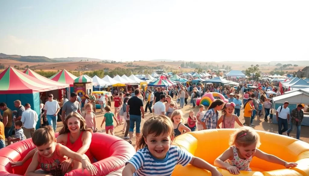 A bustling family-friendly festival set against a warm, sunny landscape. In the foreground, children play on inflatable rides, their laughter echoing through the crowd. In the middle ground, food stalls offer delectable treats while parents browse unique craft and artisan booths. The background reveals a panoramic view of the event, with colorful tents, stages, and activities for all ages. Soft, diffused lighting casts a magical glow over the scene, creating a welcoming and vibrant atmosphere.