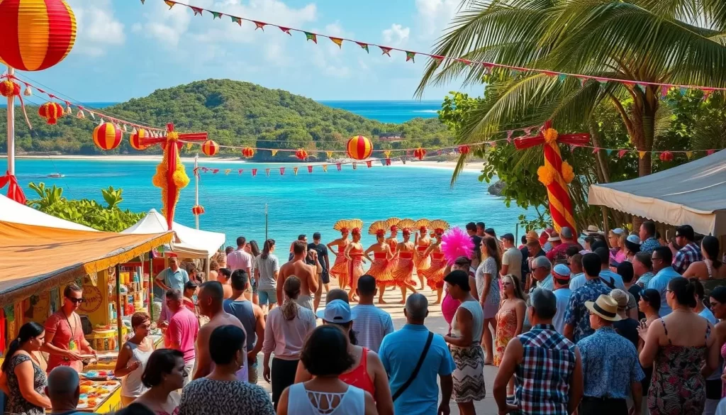 A bustling festival on Christmas Island, vibrant with festive decorations and lively celebrations. In the foreground, locals and visitors gather around colorful stalls selling traditional crafts, mouthwatering street food, and lively music fills the air. The middle ground showcases a parade of dancers in intricate costumes, their movements graceful and captivating. In the background, the natural beauty of the island shines through, with lush, verdant foliage and the sparkling azure waters of the Indian Ocean. Warm, golden lighting casts a welcoming glow over the entire scene, creating a festive and joyous atmosphere.