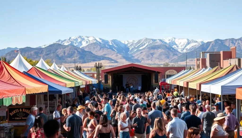 A bustling food festival in a vibrant Colorado town, with rows of colorful food stalls and tents, the air filled with the tantalizing aromas of sizzling meats, freshly baked treats, and simmering sauces. In the foreground, people eagerly peruse the offerings, sampling delectable bites and sipping craft beers and cocktails. The middle ground features a lively stage where local musicians perform, their music adding to the festive atmosphere. In the background, the iconic Rocky Mountains loom, their snow-capped peaks framing the scene. Warm afternoon sunlight casts a golden glow over the entire festival, creating a welcoming and celebratory mood.