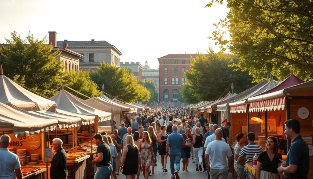 A bustling food festival in the heart of a vibrant Illinois town. In the foreground, rows of artisanal food stalls offer an array of mouthwatering local delicacies - sizzling BBQ, handcrafted baked goods, and fragrant ethnic specialties. Mid-ground, a lively crowd mingles amidst the festival atmosphere, chatting animatedly and sampling the diverse culinary offerings. In the background, historic buildings and verdant trees frame the scene, bathed in warm, golden sunlight that creates a cozy, inviting ambiance. The overall mood is one of community, celebration, and a deep appreciation for the unique flavors that make Illinois a gourmet's paradise.
