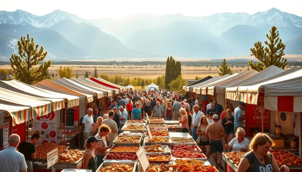 A bustling food festival set against the stunning natural backdrop of the Wyoming countryside. In the foreground, rows of vibrant food stalls offer an array of tempting local delicacies - juicy bison burgers, crisp Rocky Mountain trout, and freshly baked huckleberry pies. In the middle ground, a lively crowd of festival-goers mingle and sample the diverse cuisine, their faces alight with joy. The distant mountains rise majestically in the background, their snow-capped peaks casting a serene glow over the scene. Warm afternoon sunlight filters through, casting a golden hue and creating a cozy, inviting atmosphere. The overall mood is one of celebration, community, and a deep appreciation for the rich culinary traditions of this picturesque state.