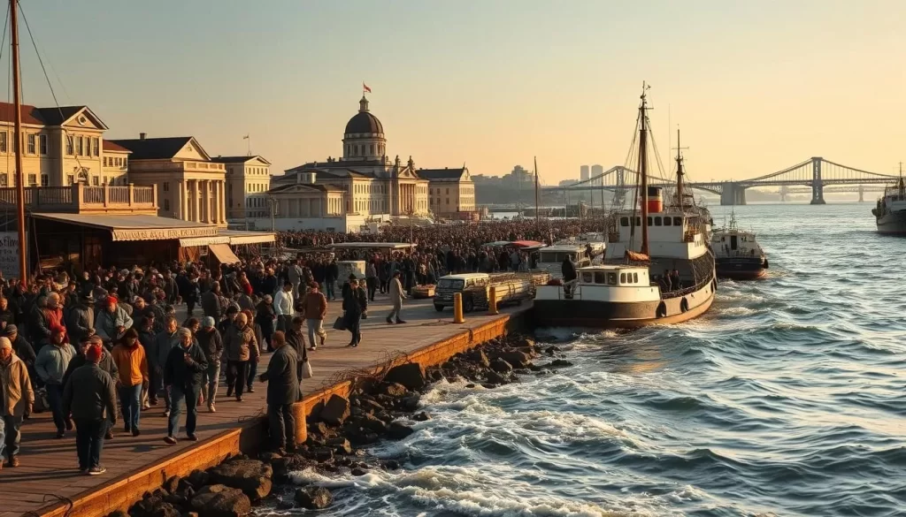 A bustling harbor scene in Rhode Island, USA, as waves lap against the shore. In the foreground, diverse groups of immigrants disembark from ships, carrying their belongings. The middle ground features a lively marketplace, with vendors hawking wares in multiple languages. In the background, stately government buildings and graceful bridges span the waterways, signifying Rhode Island's role as a hub of immigration and cultural exchange. The scene is bathed in warm, golden sunlight, conveying a sense of optimism and opportunity. Dramatic, cinematic lighting casts long shadows, adding depth and atmosphere. Capture this pivotal moment in Rhode Island's history of linguistic and demographic evolution.
