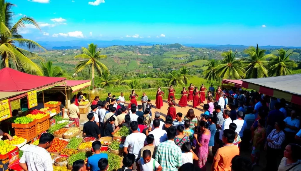 A bustling harvest festival in the heart of Malaysia, vibrant with the colors and flavors of the season. In the foreground, a lively crowd gathers around stalls overflowing with freshly harvested produce - ripe tropical fruits, fragrant spices, and homemade delicacies. In the middle ground, traditional dancers twirl and sway to the rhythmic beats of gongs and drums, their intricate costumes shimmering in the warm afternoon light. In the background, a panoramic view of lush, rolling hills dotted with swaying palm trees, framed by a cloudless, azure sky. The atmosphere is one of joyous celebration, a harmonious blend of age-old traditions and bountiful nature.