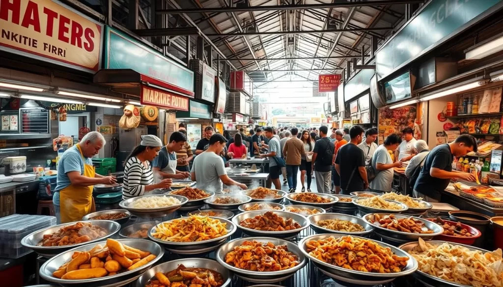 A bustling hawker center in Singapore, with an array of vibrant food stalls showcasing the city's diverse culinary heritage. In the foreground, steaming plates of authentic local dishes like satay, laksa, and char kway teow tempt the senses. Middle-ground vendors skillfully prepare fresh ingredients, while the background reveals the lively atmosphere - crowded tables, chattering patrons, and a patchwork of stalls with colorful signage. Natural lighting filters in, casting a warm, inviting glow over the scene. Capture the mouthwatering aromas, the energy, and the shared joy of communal dining that embodies Singapore's beloved hawker culture.
