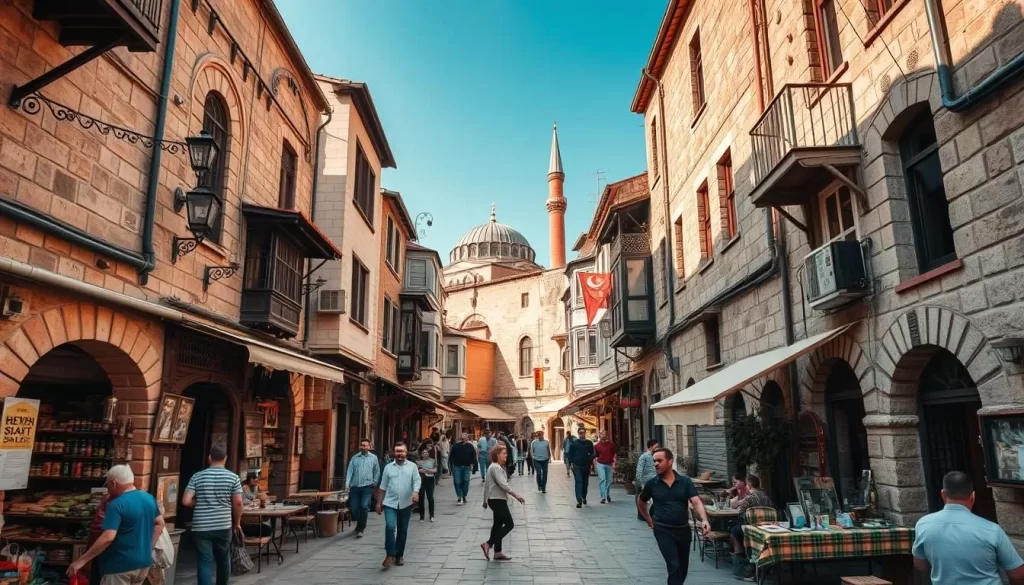 A bustling historic district in Diyarbakır, Turkey, with a maze of narrow alleyways, stone houses, and ancient city walls. Capture the vibrant atmosphere with locals going about their daily lives - shopkeepers, artisans, and families. Depict the striking architecture, from ornate mosques to charming cafes. Showcase the interplay of light and shadow, with warm sunlight filtering through the winding streets. Convey a sense of timelessness, where the past and present coexist harmoniously. Render this scene with a cinematic, documentary-style aesthetic, utilizing a wide-angle lens to immerse the viewer in the historic ambiance of Sur District.