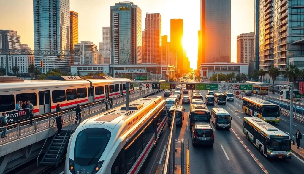 A bustling hub of transportation options in Los Angeles, with a vibrant cityscape in the background. In the foreground, a sleek high-speed train zips along the elevated tracks, while commuters embark and disembark from the modern station platform below. In the middle ground, a fleet of eco-friendly buses and ride-share vehicles navigates the bustling streets, transporting passengers to their destinations. The warm, golden light of the sun casts a welcoming glow over the scene, reflecting off the glass facades of the towering skyscrapers that dominate the skyline. The atmosphere conveys a sense of efficiency, connectivity, and the city's commitment to sustainable urban mobility.