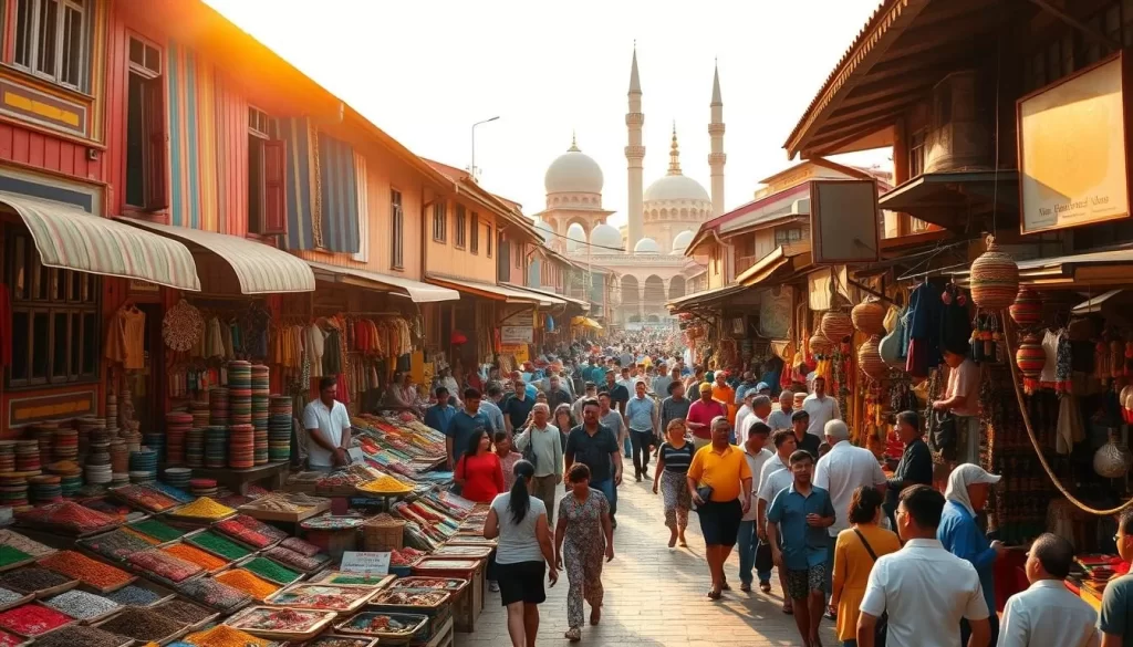 A bustling marketplace in Kota Bharu, Malaysia's cultural heart, with vibrant stalls overflowing with colorful textiles, fragrant spices, and intricate handicrafts. Capture the warm, golden light of the afternoon sun as it filters through the tightly-packed shops, casting a cozy glow over the lively crowds haggling and browsing. In the foreground, showcase the iconic architecture of the local shophouses, their traditional wooden facades and ornate details. In the middle ground, depict the throngs of locals and tourists immersed in the vibrant energy of the marketplace. Compose the scene to convey a sense of movement and activity, with winding paths leading the eye through the bustling scene. In the background, include glimpses of Kota Bharu's historic mosques and shophouses, hinting at the city's deep-rooted heritage and cultural significance.