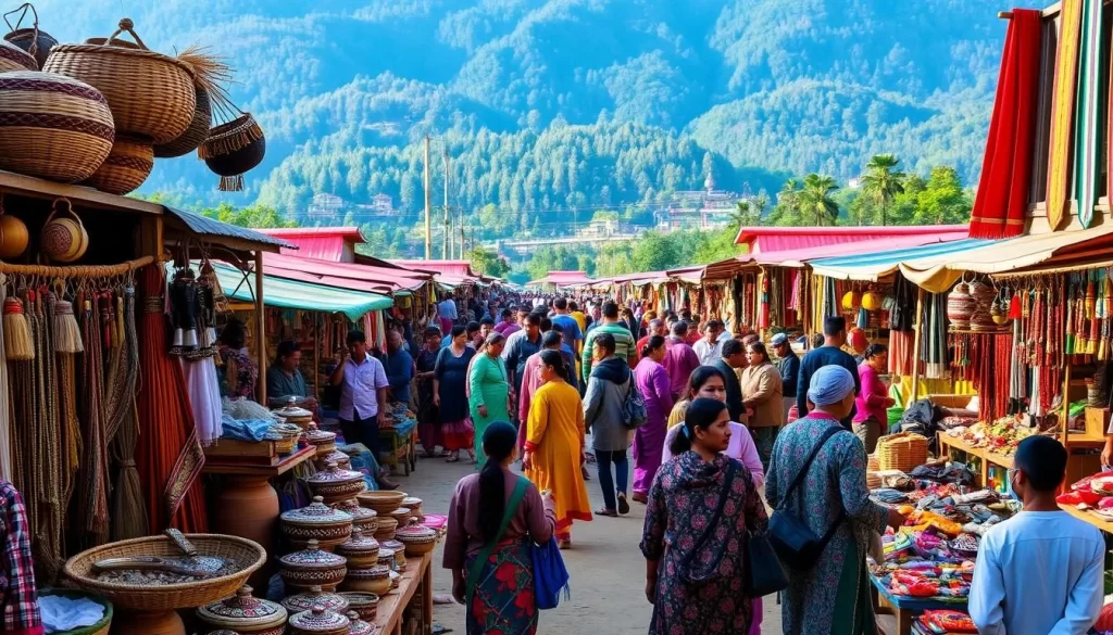 A bustling marketplace in the heart of Arunachal Pradesh, filled with vibrant colors, intricate textile stalls, and the lively energy of a traditional festival. In the foreground, local artisans showcase their handcrafted wares, from intricately woven baskets to ornate jewelry. The middle ground is a sea of activity, with people in colorful traditional attire mingling and browsing the varied offerings. In the background, a backdrop of rolling hills and lush, verdant forests sets the stage for this cultural celebration. Warm, natural lighting illuminates the scene, casting a welcoming glow and capturing the essence of the festival's spirit.