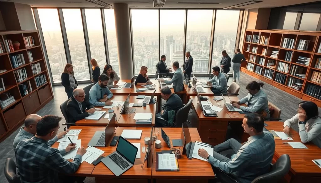 A bustling modern office interior with large windows overlooking the cityscape of Chandigarh. Professionals in business attire engaged in animated discussions, paper documents, and laptop computers spread across polished wooden desks. Shelves of books and filing cabinets line the walls, while the ambient lighting creates a professional yet welcoming atmosphere. The scene conveys the dynamic exchange of ideas and information that propels the economic engines of the city. A tranquil sense of productivity and collaboration pervades the space.