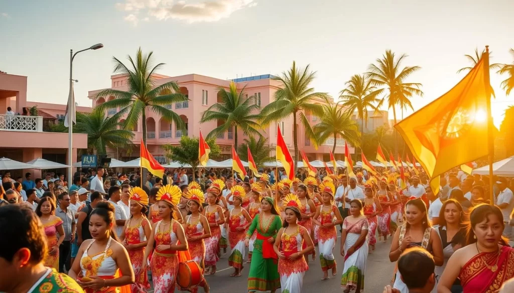 A bustling national day celebration in the heart of the Maldivian capital, Malé. A colorful parade of traditional dancers and musicians marches down the streets, adorned in vibrant costumes and headdresses. Flags of the Maldives flutter in the gentle breeze, as spectators gather to watch the spectacle, their faces alight with pride and joy. In the background, the iconic architecture of the Maldives, with its coral-colored buildings and lush palm trees, creates a stunning backdrop. The warm, golden sunlight bathes the scene, casting a celebratory glow over the entire event. The atmosphere is filled with a palpable sense of national unity and cultural celebration.