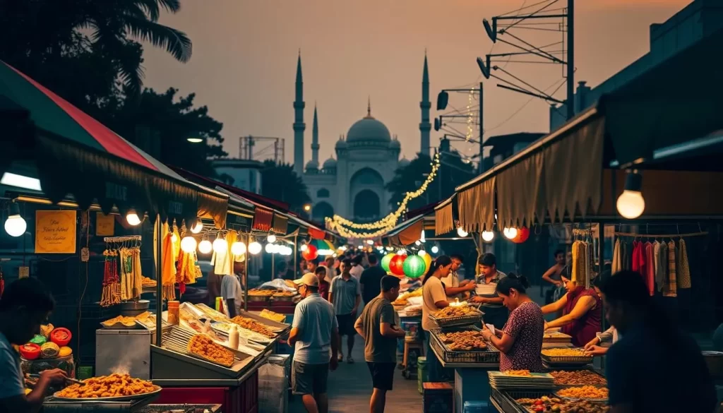 A bustling night market in the heart of Alor Setar, Malaysia, showcasing an array of tantalizing culinary delights. In the foreground, a vibrant display of local street food stalls offer sizzling skewers of satay, steaming bowls of laksa, and fragrant nasi goreng. The middle ground features colorful umbrellas and twinkling lights, creating a lively atmosphere. In the background, glimpses of the city's iconic architecture, including the Kedah State Mosque, set the scene. Warm, golden lighting illuminates the market, evoking a cozy, inviting mood. The overall composition captures the rich, diverse flavors and vibrant energy of Alor Setar's celebrated culinary culture.