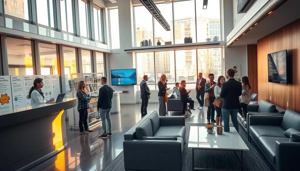 A bustling office interior, warm natural lighting filtering through large windows, reflecting off sleek contemporary furniture. In the foreground, a reception desk manned by a friendly, multilingual staff. Behind them, a display showcasing various translation resources and interpretive services. The middle ground features comfortable seating areas where patrons consult with language specialists, gesturing animatedly. In the background, a wall-mounted display screen shows localized content in multiple languages. An atmosphere of inclusivity, efficiency, and cultural appreciation pervades the space.