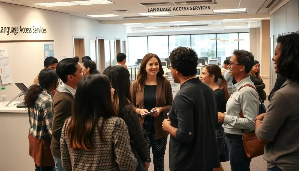 A bustling office setting with a reception desk and signage indicating "Language Access Services." In the foreground, a diverse group of individuals conversing animatedly, representing various ethnicities and ages. The middle ground features a professional interpreter assisting a client, while in the background, a modern and open-concept workspace with collaborative workstations and a natural light-filled environment. The scene conveys a sense of inclusivity, accessibility, and the efficient provision of multilingual support services. Soft, warm lighting accentuates the welcoming atmosphere, and the camera angle captures a candid, documentary-style perspective.