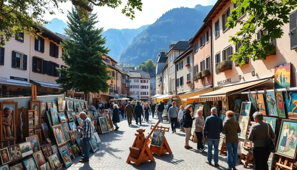 A bustling open-air art market in the charming town of Bad Gastein, Austria. Vibrant paintings and sculptures line the cobblestone streets, showcasing the works of local artists. Sunlight filters through the trees, casting a warm glow on the vibrant displays. In the foreground, artisans demonstrate their craft, drawing curious onlookers. In the middle ground, visitors browse the stalls, admiring the diverse range of media - from intricate woodcarvings to bold abstract canvases. The surrounding historic buildings and mountains create a picturesque backdrop, conveying the town's rich cultural heritage and breathtaking natural setting. An atmosphere of creativity, community, and appreciation for the arts permeates the entire scene.