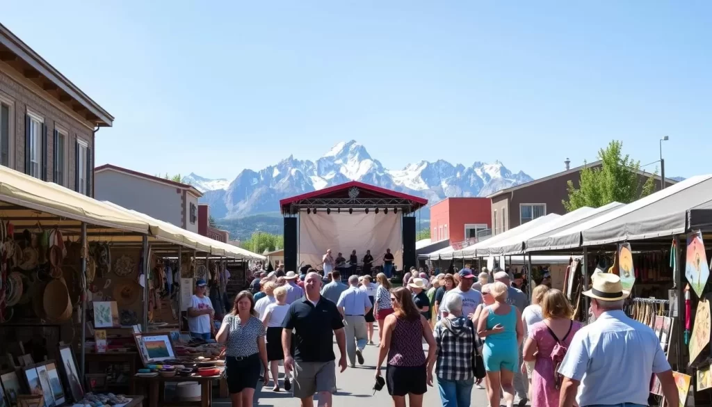 A bustling open-air festival in the scenic town of Jackson Hole, Wyoming. In the foreground, artisan stalls display a vibrant array of handcrafted goods - from woven baskets to pottery and paintings. Visitors stroll leisurely, admiring the work of local artists under the warm sunlight. In the middle ground, a stage hosts live music performances, the sound drifting through the crisp mountain air. In the background, the majestic Teton Range rises, snow-capped peaks framing the lively cultural celebration. A perfect summer day showcasing the rich artistic heritage of the Cowboy State.