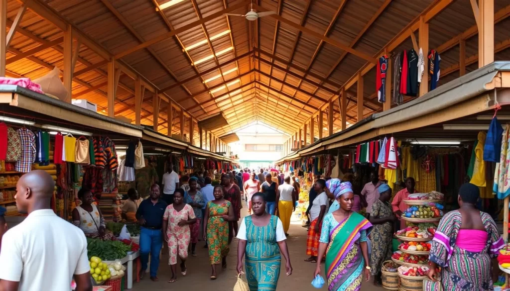 A bustling open-air market in Atakpamé, Togo, with vibrant stalls and vendors selling an array of local produce, textiles, and handicrafts. Capture the lively atmosphere as shoppers navigate the crowded aisles, surrounded by the sights and sounds of a thriving community hub. Showcase the intricate architecture of the market's covered structures, bathed in warm, natural light that filters through the rooftops. Emphasize the vibrant colors, patterns, and textures that characterize the market's diverse offerings, creating a visually engaging and immersive scene that entices the viewer to explore the rich cultural experience of Atakpamé's Grand Marché.