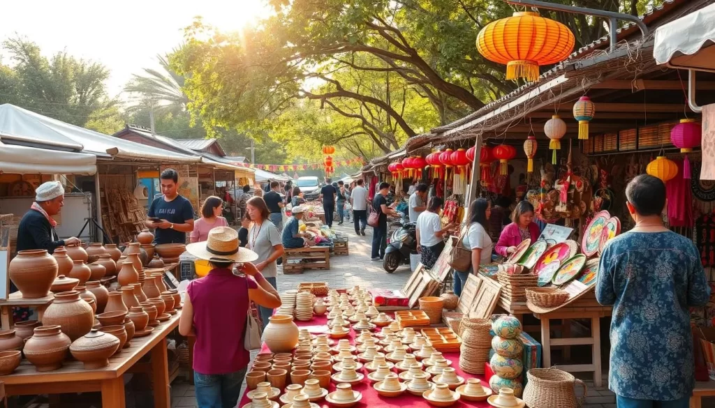 A bustling open-air market in Miaoli County, Taiwan, showcasing a vibrant array of locally crafted artworks. In the foreground, artisans display their handmade pottery, wood carvings, and intricate textile pieces. The middle ground features a colorful assortment of traditional paper lanterns, vibrant paper-cut decorations, and handwoven baskets. In the background, the lively festival atmosphere is complemented by the warm afternoon sunlight filtering through the canopy of trees, casting a soft, golden glow over the scene. The overall mood is one of cultural richness, artistic expression, and the celebration of local heritage.