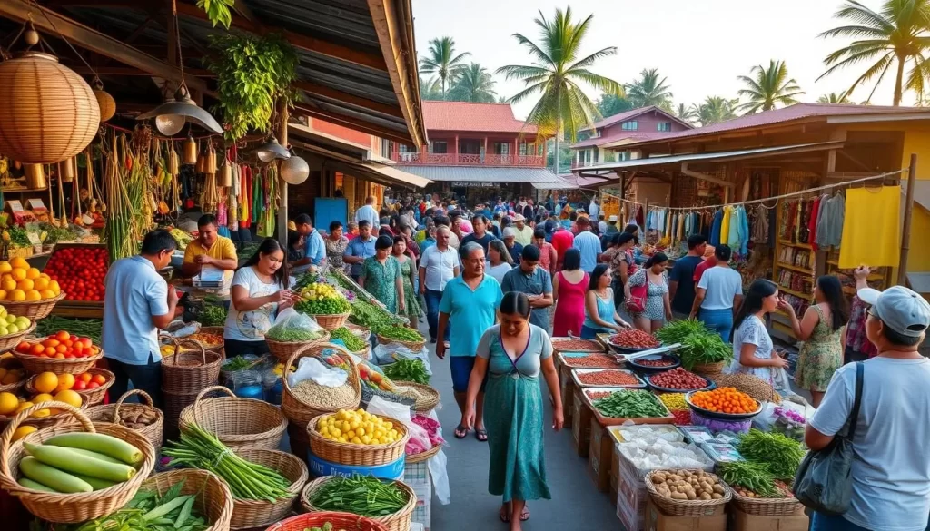 A bustling open-air market in Miri, Malaysia, with a vibrant atmosphere captured in warm afternoon light. Stalls offer a colorful array of fresh produce, fragrant spices, and local handicrafts, surrounded by the chatter of friendly vendors and shoppers. In the foreground, woven baskets, ripe fruits, and bundles of herbs create a sensory delight. The middle ground features a diverse crowd of locals and tourists navigating the lively walkways, while in the background, traditional wooden shophouses and palm trees frame the scene, evoking the essence of Miri's distinct cultural heritage.