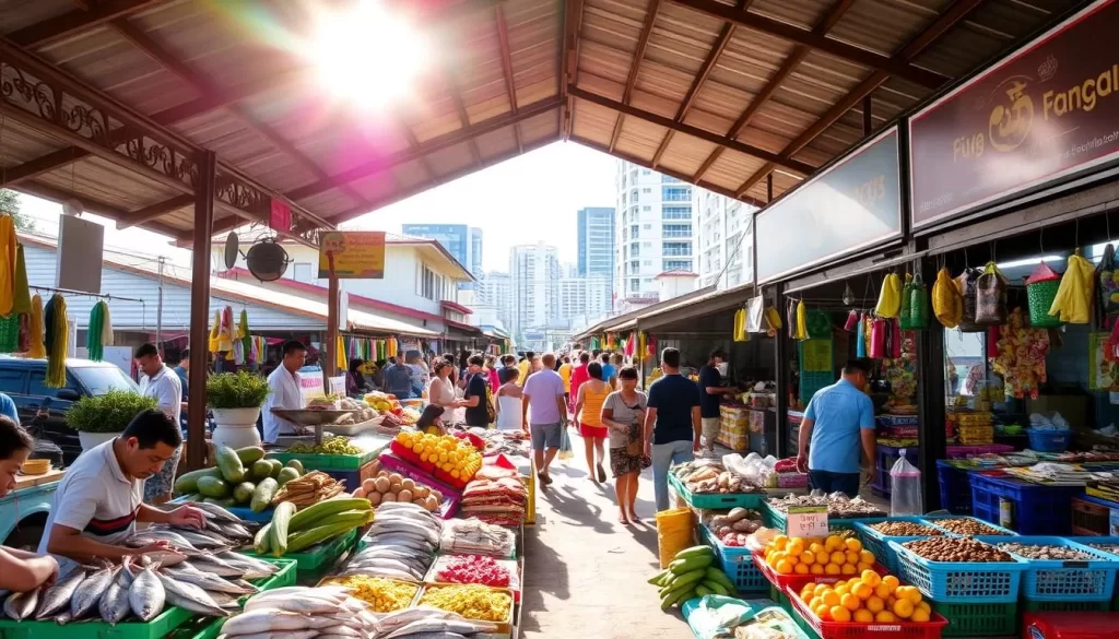 A bustling open-air market in Sandakan, Malaysia, with vibrant stalls selling a cornucopia of local produce, seafood, and spices. The sunlight filters through the canopy, casting a warm glow over the lively scene. In the foreground, vendors arrange their wares - fresh fish, tropical fruits, and an array of traditional snacks. In the middle ground, shoppers navigate the crowded aisles, engaging in lively haggling and banter. In the background, a mix of traditional wooden buildings and modern high-rises frame the market, hinting at the blend of old and new that defines Sandakan's character. The overall atmosphere is one of bustling activity, cultural immersion, and the enticing aromas of Malaysian cuisine.