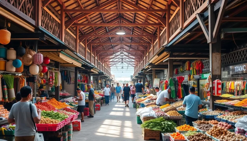 A bustling open-air market in Sandakan, Malaysia, with vibrant stalls selling a diverse array of local produce, spices, and delicacies. Capture the lively atmosphere, with vendors haggling and customers browsing through an array of colorful fruits, vegetables, and freshly caught seafood. Showcase the striking architectural features of the market's intricate wooden structures, casting warm, natural lighting across the scene. Depict the market as a hub of activity, where the scents of sizzling street food and the chatter of locals create an immersive cultural experience. Convey a sense of energy and authenticity, inviting the viewer to step into the heart of Sandakan's vibrant food culture.