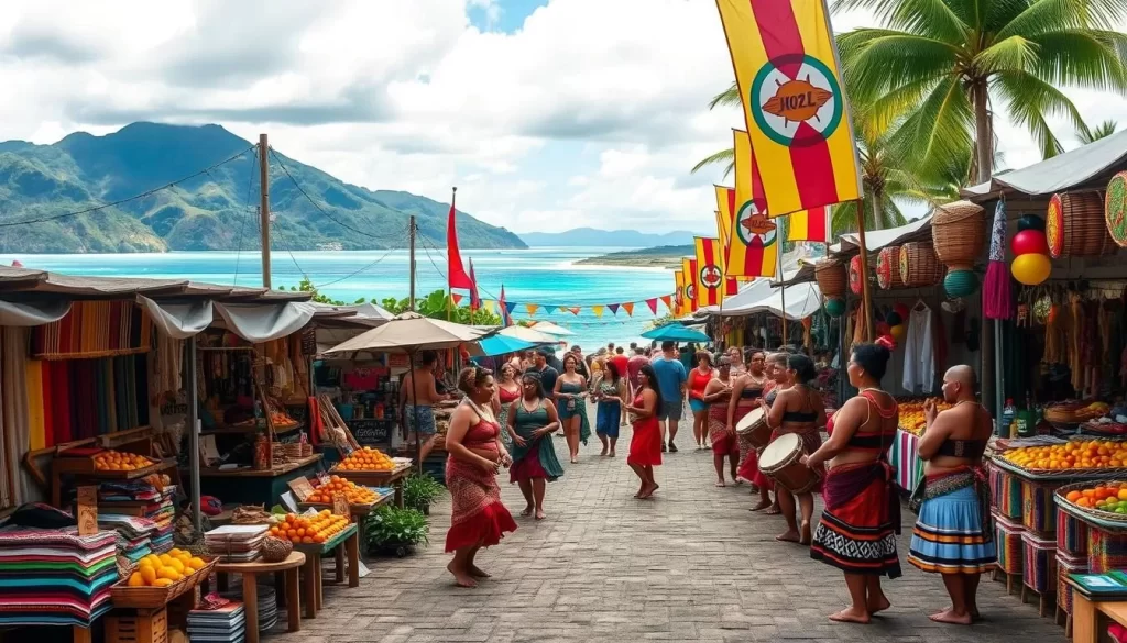 A bustling open-air market in the heart of Rarotonga, the largest of the Cook Islands. Vibrant stalls offer handcrafted weavings, intricate carvings, and fragrant tropical fruits. Local dancers in traditional costumes perform graceful moves to the rhythmic beat of drums. Colorful banners and flags flutter in the gentle breeze, creating a festive atmosphere. In the background, lush green hills and the sparkling azure waters of the Pacific Ocean provide a stunning natural backdrop. Soft, warm lighting illuminates the scene, capturing the cultural vitality and joyous spirit of the Cook Islands.