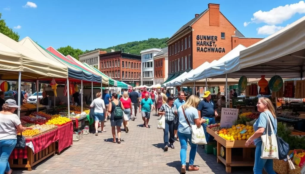 A bustling open-air market scene in Stroudsburg, Pennsylvania, on a sunny day. Colorful tents and displays line the cobblestone pathways, showcasing an array of locally-grown produce, artisanal crafts, and specialty foods. In the foreground, farmers and vendors enthusiastically greet passersby, engaging them in friendly conversation. The middle ground is filled with shoppers leisurely browsing the stalls, their reusable bags brimming with fresh finds. Beyond, the historic buildings of downtown Stroudsburg frame the vibrant atmosphere, creating a charming and inviting atmosphere for all to enjoy.