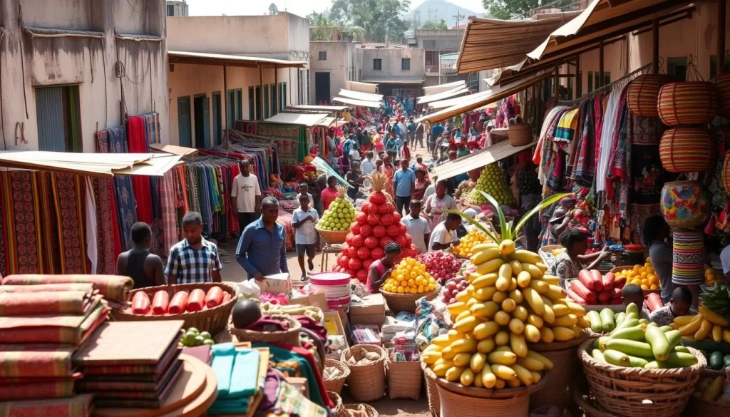 A bustling open-air marketplace in Kpalimé, Togo, filled with vibrant stalls displaying an array of colorful textiles, handcrafted wares, and fresh produce. The sun-dappled scene is alive with the energy of local vendors and shoppers, creating a lively, immersive atmosphere. In the foreground, intricate fabrics and intricately woven baskets catch the eye, while in the middle ground, towering pyramids of tropical fruits and vegetables add bursts of vivid color. In the background, the market is framed by weathered buildings and shaded walkways, hinting at the historic charm of this bustling commercial hub. The overall mood is one of joyful activity, cultural richness, and the thrum of a thriving community marketplace.