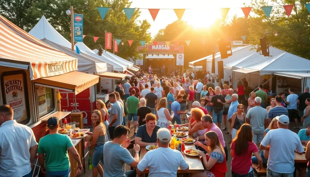 A bustling outdoor festival in the heart of Michigan, filled with vibrant colors, lively crowds, and the aroma of delectable local cuisine. In the foreground, a diverse array of food trucks and vendor booths offer an array of regional specialties, their awnings and banners fluttering in the gentle breeze. In the middle ground, families and friends gather around communal tables, laughing and sharing plates of mouth-watering dishes. In the background, a stage sets the scene for live music performances, with talented musicians captivating the audience. The sun casts a warm glow over the entire scene, creating a welcoming and celebratory atmosphere that encapsulates the vibrant festival culture of Michigan.