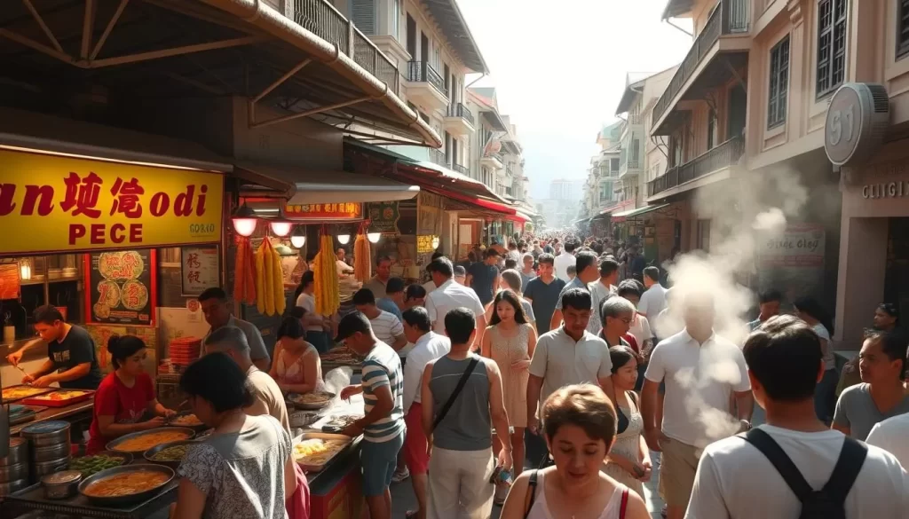 A bustling outdoor food court in the heart of Ipoh, Malaysia, bathed in warm sunlight. Vibrant stalls offer an array of tantalizing local delicacies - from steaming bowls of Ipoh hor fun noodles to skewers of fragrant satay. Crowds of locals and tourists mingle, filling the air with the lively chatter and the sizzle of woks. The scene is framed by the iconic Ipoh heritage shophouses, their intricate facades casting soft shadows across the lively proceedings. A wide-angle lens captures the energy and diversity of the Ipoh food scene, inviting the viewer to imagine the mouthwatering flavors and vibrant atmosphere.