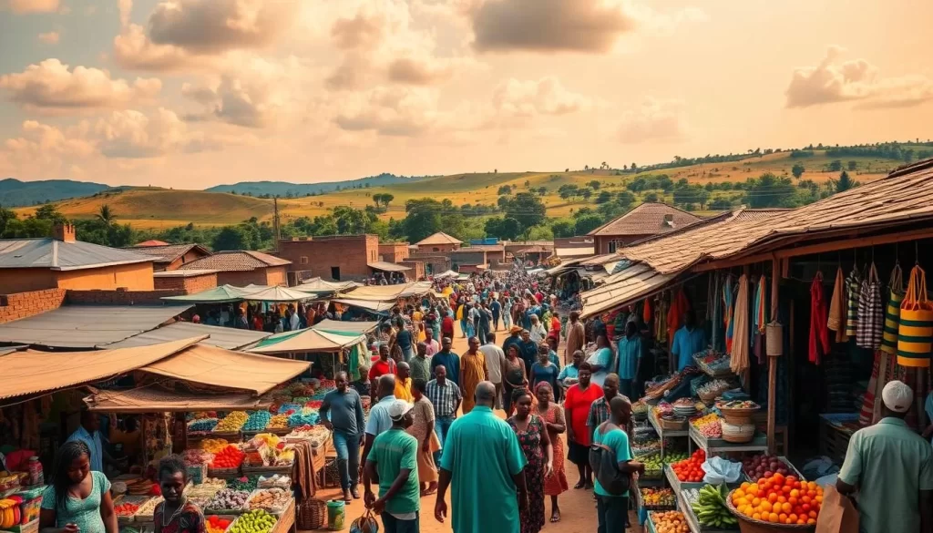 A bustling outdoor market in Bassar, Togo, under a vibrant, sun-dappled sky. In the foreground, colorful stalls brimming with fresh produce, textiles, and handcrafted wares. Merchants and shoppers intermingle, creating a lively, immersive atmosphere. In the middle ground, traditional mud-brick buildings and thatched-roof structures line the market square, while in the background, rolling hills and lush greenery frame the scene, giving a sense of the local environment. The overall mood is one of cultural vitality, with warm lighting and a palpable energy that invites the viewer to step into this vibrant community.