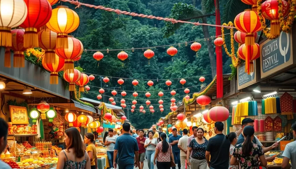 A bustling outdoor market in Brunei, festively decorated for the December Festival. Colorful lanterns and garlands hang from the stalls, casting a warm glow over the scene. Locals and visitors browse an array of traditional crafts, festive foods, and lively musical performances. In the background, a lush, green jungle backdrop frames the vibrant celebration. The atmosphere is one of joy and community, as people come together to welcome the new year. Capture this festive, cultural experience with a high-resolution, cinematic quality image.