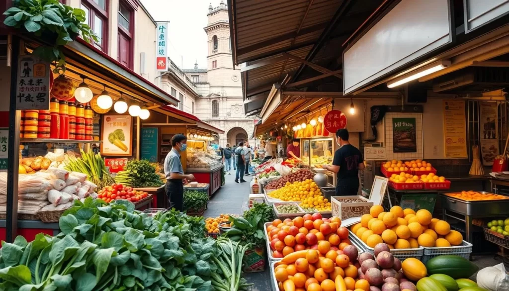 A bustling outdoor market in Hsinchu, Taiwan, filled with vibrant stalls showcasing the region's mouthwatering culinary specialties. In the foreground, an array of fresh local produce, from crisp leafy greens to juicy tropical fruits. In the middle ground, vendors prepare and serve iconic Hsinchu dishes like steaming hot beef noodle soup, fluffy pineapple cakes, and savory oyster omelets. The background features the historic architecture of the city, creating a charming and authentic ambiance. Warm, natural lighting illuminates the scene, capturing the lively atmosphere and enticing aromas of this gourmet paradise. Shot with a wide-angle lens to encompass the bustling energy of the market.
