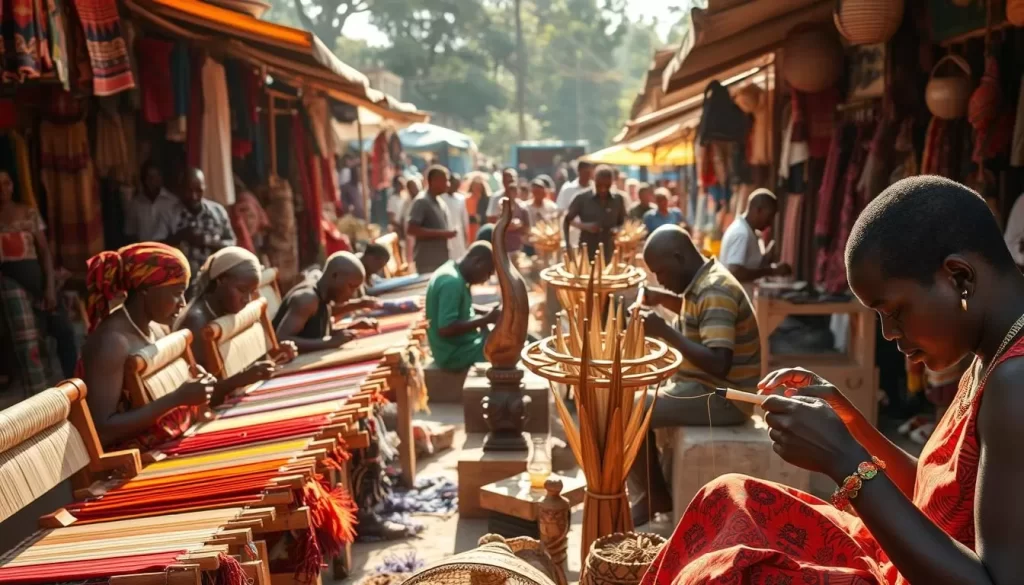 A bustling outdoor market in Kpalimé, Togo, where skilled artisans craft vibrant textiles, wood carvings, and intricate metalwork under the warm, golden sunlight. In the foreground, a group of weavers sit at their looms, their nimble fingers deftly manipulating the colorful threads to create intricate patterns. In the middle ground, a woodcarver expertly shapes a smooth, ebony sculpture, while a metalsmith nearby hammers a glowing piece of copper into a delicate ornament. The background is filled with the lively chatter of shoppers and the rhythmic sounds of the artisans' tools, creating a captivating scene that celebrates the creative spirit of Kpalimé.