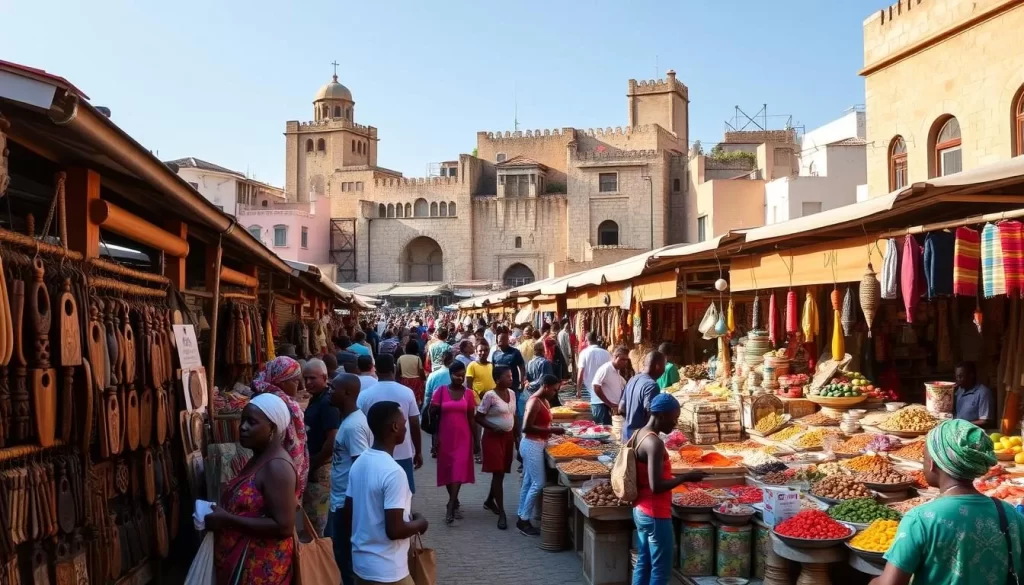 A bustling outdoor market in Zanzibar, Tanzania, filled with vibrant colors and the aroma of spices. In the foreground, vendors sell an array of handcrafted souvenirs, from intricate wood carvings to vibrant textiles. The middle ground is a cacophony of activity, with locals and tourists alike browsing stalls overflowing with fragrant spices, fresh produce, and traditional crafts. In the background, the iconic stone buildings of Zanzibar's Old Town provide a picturesque backdrop, bathed in warm, golden sunlight. The overall scene conveys the lively, bustling atmosphere of this historic marketplace, where the past and present seamlessly intertwine.
