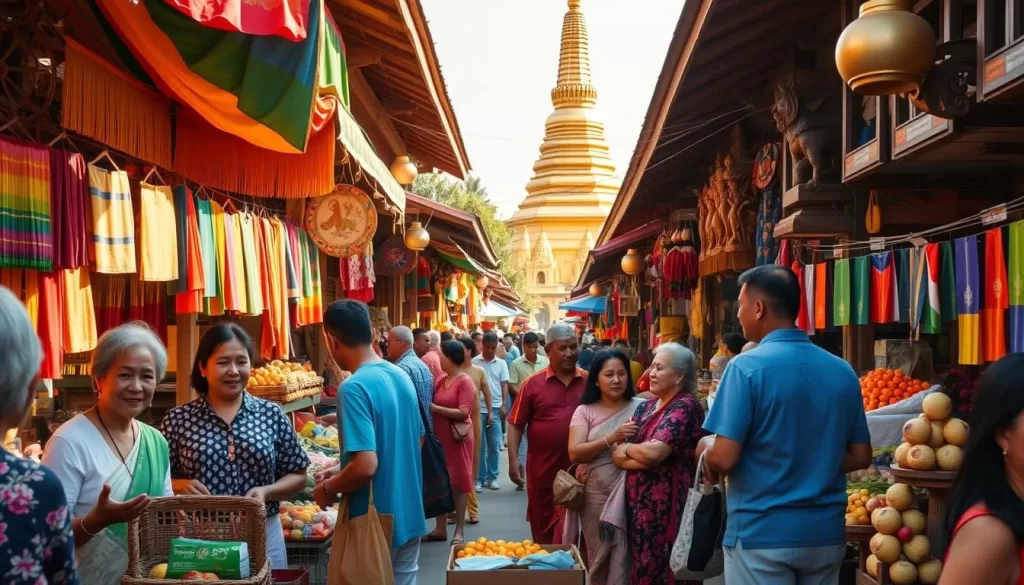 A bustling outdoor market in a quaint Myanmar town, adorned with vibrant textiles, intricately carved wooden sculptures, and an abundance of fresh produce. The sun casts a warm glow over the scene, highlighting the cheerful faces of locals as they engage in lively conversations and barter for their desired goods. In the background, a magnificent golden pagoda rises, its intricate architecture and shimmering details a testament to the rich cultural heritage of this lesser-known but fascinating region. The atmosphere is one of joyful celebration, with the sounds of traditional music and the aroma of sizzling street food enveloping the senses, creating an immersive experience that transports the viewer to the heart of Myanmar's vibrant festival culture.
