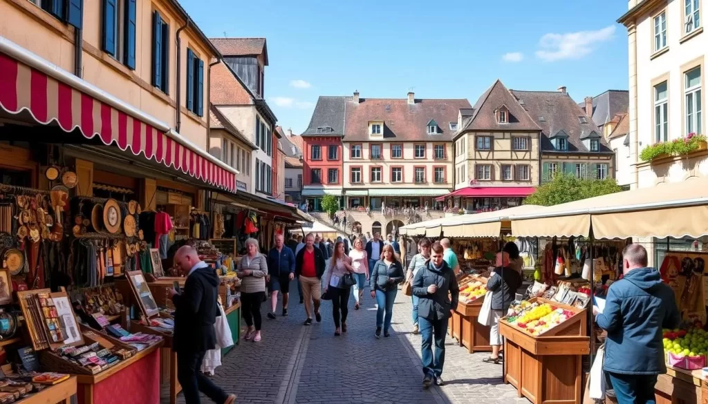 A bustling outdoor market in the charming town of Mondorf-les-Bains, Luxembourg. Stalls filled with artisanal crafts, local produce, and traditional souvenirs line the cobblestone streets, their colorful awnings casting playful shadows. Shoppers browse the wares, admiring the intricate handmade items and sampling fresh regional delicacies. In the background, the picturesque town square is framed by historic buildings and cafes, their patrons enjoying the warm, sunny day. The scene is vibrant and lively, capturing the essence of shopping and souvenir-hunting in this quaint European town.