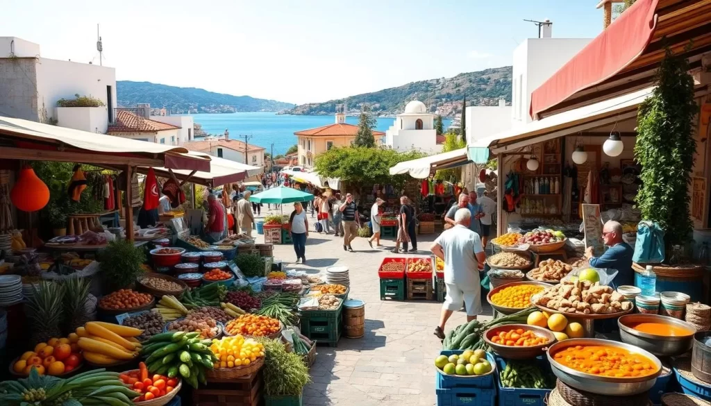 A bustling outdoor market in the coastal town of Cesme, Turkey. Vibrant stalls overflowing with fresh produce, fragrant spices, and local delicacies. A sun-dappled square, filled with the chatter of vendors and the tantalizing aroma of sizzling meats and bubbling stews. In the background, the striking blue of the Aegean Sea contrasts with the white-washed buildings and the lush greenery of the surrounding hills. Capture the essence of Cesme's rich culinary heritage, a harmonious blend of Mediterranean flavors and traditions.