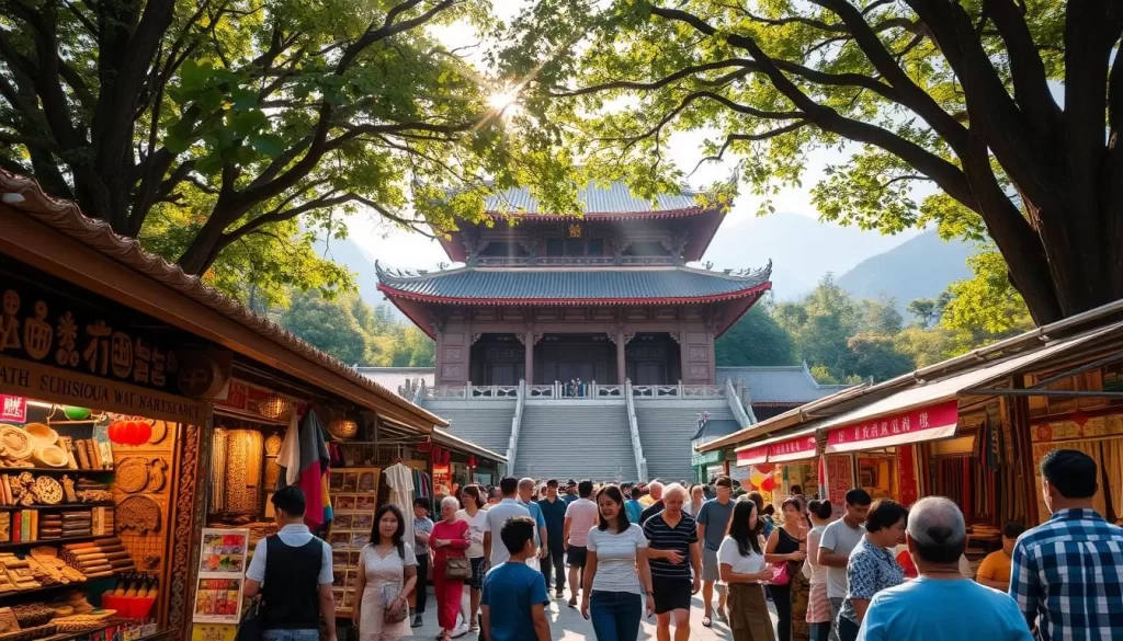 A bustling outdoor market in the heart of Nantou County, Taiwan. Vibrant stalls offer an array of local handcrafted goods, from intricate wood carvings to vibrant textiles. In the center, a grand temple stands majestically, its ornate architecture reflecting the rich cultural heritage of the region. Sunlight filters through the canopy of trees, casting a warm, golden glow over the lively scene. Locals and visitors mingle, exchanging stories and traditions, creating a sense of community and shared experience. The atmosphere is one of celebration, with the subtle aromas of Taiwanese cuisine wafting through the air, inviting all to immerse themselves in the cultural heart of this captivating island.