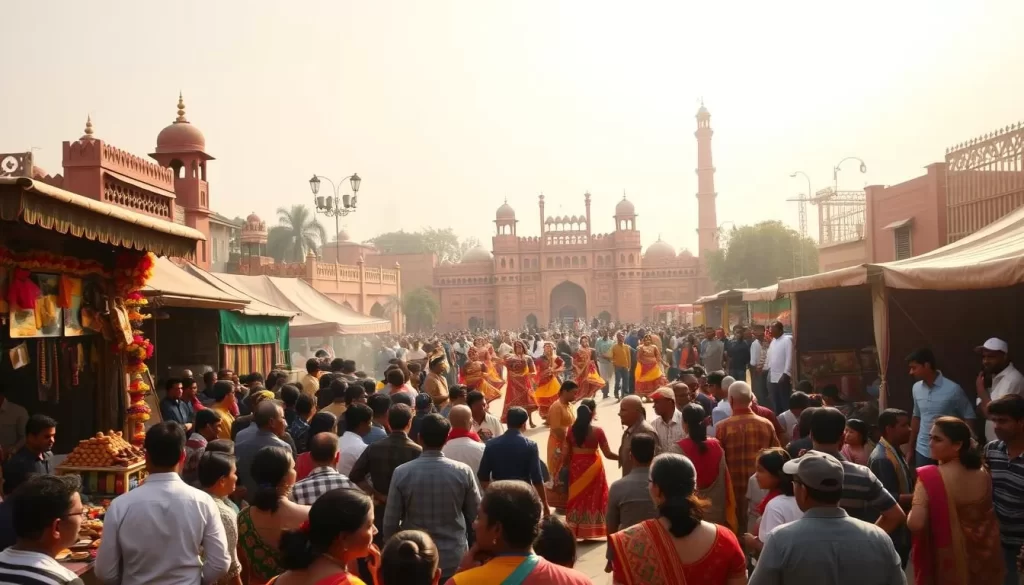 A bustling outdoor scene in the heart of Delhi, India, during a vibrant cultural festival. In the foreground, a colorful crowd gathers around stalls selling local handicrafts, spices, and traditional sweets. The middle ground features performers in elaborate costumes dancing to the rhythmic beat of drums and the joyous chatter of the audience. In the background, architectural marvels like the majestic Red Fort and the towering minarets of the Jama Masjid stand as a testament to the city's rich heritage. Warm afternoon sunlight filters through, casting a golden glow over the entire scene and evoking a lively, celebratory atmosphere.