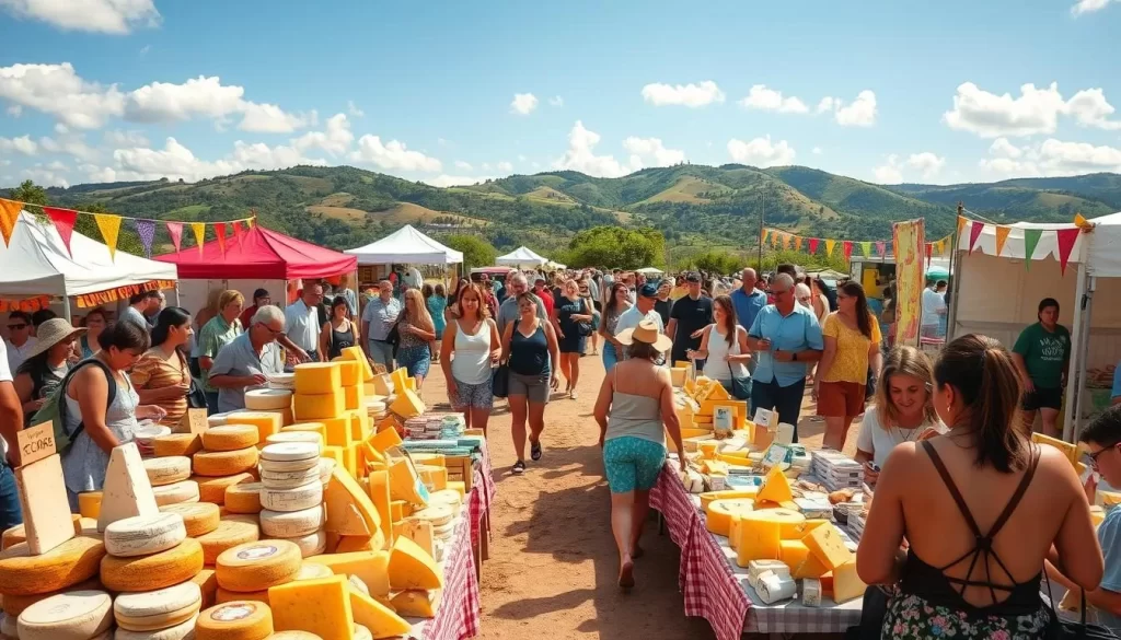 A bustling outdoor scene of a Cheese Festival in New Caledonia. In the foreground, vendors offer an array of local artisanal cheeses, with wheels, wedges, and samples on display. Middle ground features people strolling, tasting, and conversing animatedly, surrounded by vibrant festival decorations and banners. The background showcases a picturesque landscape of rolling hills, lush greenery, and a clear blue sky, bathed in warm, golden sunlight. The atmosphere exudes a festive, lively, and welcoming vibe, inviting visitors to indulge in the rich, diverse flavors and culture of New Caledonia's cheese-making traditions.