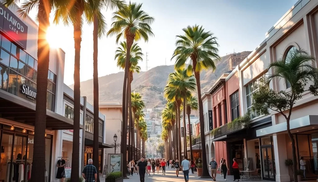 A bustling outdoor shopping district in Los Angeles, with a vibrant mix of upscale boutiques, trendy clothing stores, and lively cafes lining the sidewalks. Sunlight filters through towering palm trees, casting a warm glow on the scene. In the foreground, pedestrians stroll along the promenade, browsing through the enticing window displays. The middle ground features a mix of modern, sleek architecture and charming historic buildings. In the background, the iconic Hollywood Hills provide a stunning natural backdrop, hinting at the city's glamorous and diverse character. The overall atmosphere is one of energy, style, and the quintessential Los Angeles shopping experience.