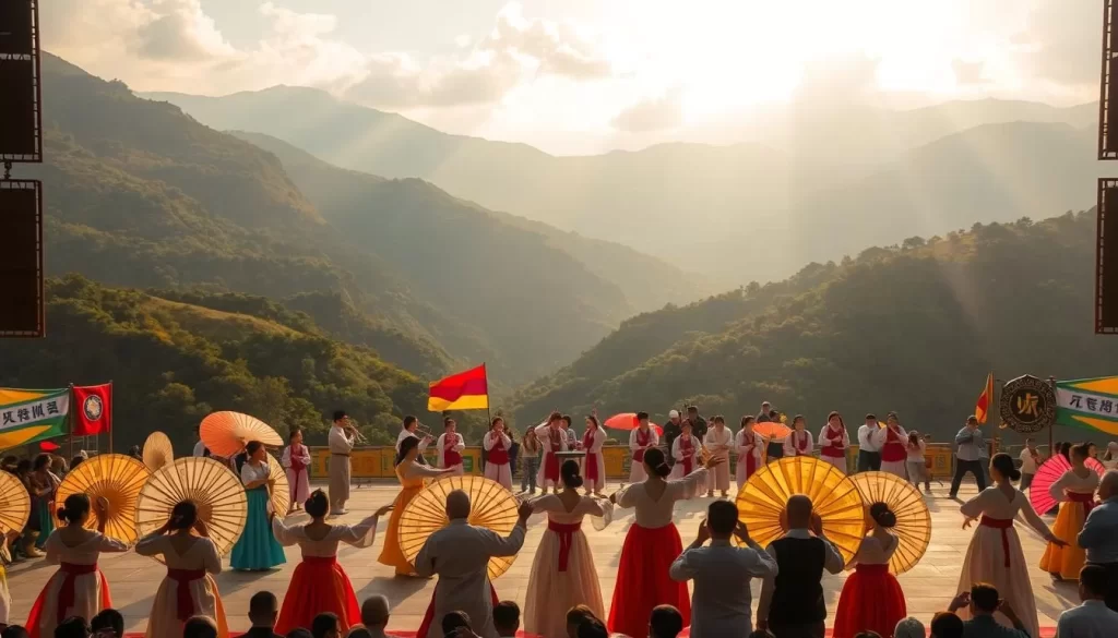 A bustling outdoor stage set against a backdrop of lush Gangwon mountainscapes, as performers in traditional Korean hanbok garments gracefully move through a vibrant cultural dance. Warm afternoon sunlight filters through wispy clouds, casting a soft, golden glow over the scene. In the foreground, intricate fan and flag choreography creates mesmerizing patterns, while in the middle ground, musicians play traditional instruments like the gayageum and janggu. The atmosphere exudes a celebratory, festive energy, inviting the viewer to immerse themselves in the rich cultural heritage of Gangwon Province.