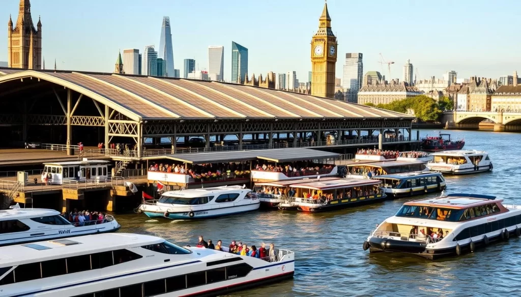 A bustling river transport hub along the Thames in central London. In the foreground, sleek commuter ferries and tourist boats are docked, their passengers disembarking. The middle ground features a historic covered pier, its intricate architecture bathed in warm afternoon sunlight. In the background, the iconic skyline of the city rises, including the distinctive silhouettes of Big Ben and the London Eye. The scene conveys a sense of efficient yet picturesque river-based public transportation, fitting for a thriving metropolitan center.