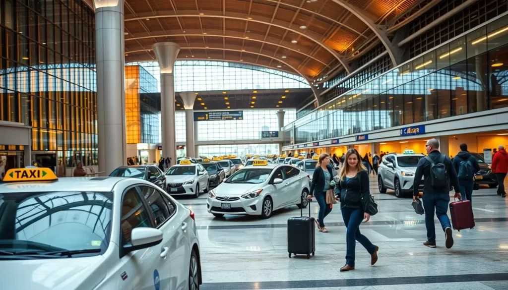 A bustling scene at Chicago's O'Hare International Airport, capturing the dynamic transportation options available. In the foreground, passengers briskly walk through the terminal, their luggage rolling beside them. In the middle ground, a fleet of sleek taxis and rideshare vehicles wait to shuttle travelers to their destinations. The background showcases the iconic airport architecture, with glass-paneled walls and towering ceilings illuminated by warm, natural light. The atmosphere is one of efficiency and modernity, reflecting the ease of accessing Chicago's vibrant urban landscape from its primary air hub.