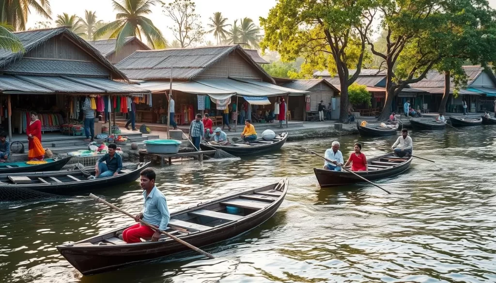 A bustling scene in the heart of the Sundarbans region, where local life unfolds amidst the lush mangrove forests. In the foreground, a group of fishermen skillfully navigate their traditional wooden boats, casting their nets into the gentle waterways. The middle ground showcases a vibrant marketplace, where vendors offer an array of fresh produce, handcrafted textiles, and fragrant spices. In the background, thatched-roof homes and small shops create a charming, authentic atmosphere, bathed in warm, golden sunlight. The overall mood is one of cultural immersion, where the rhythms of daily life blend seamlessly with the natural surroundings.
